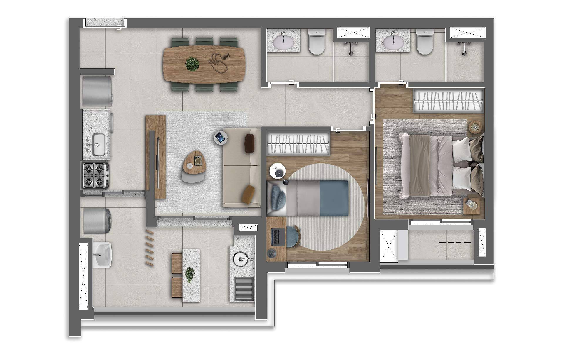 Aptos. 61 m² planta tipo 2 dorms.
