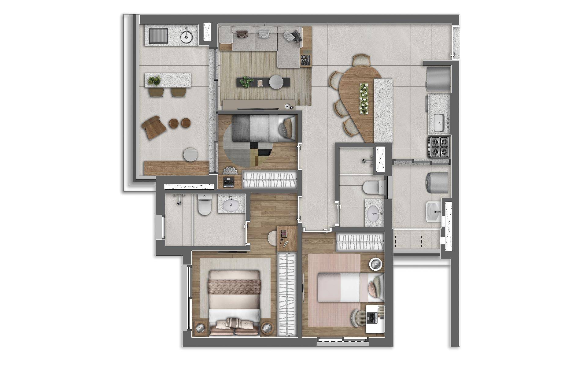 Aptos. 77 m² planta tipo 3 dorms.