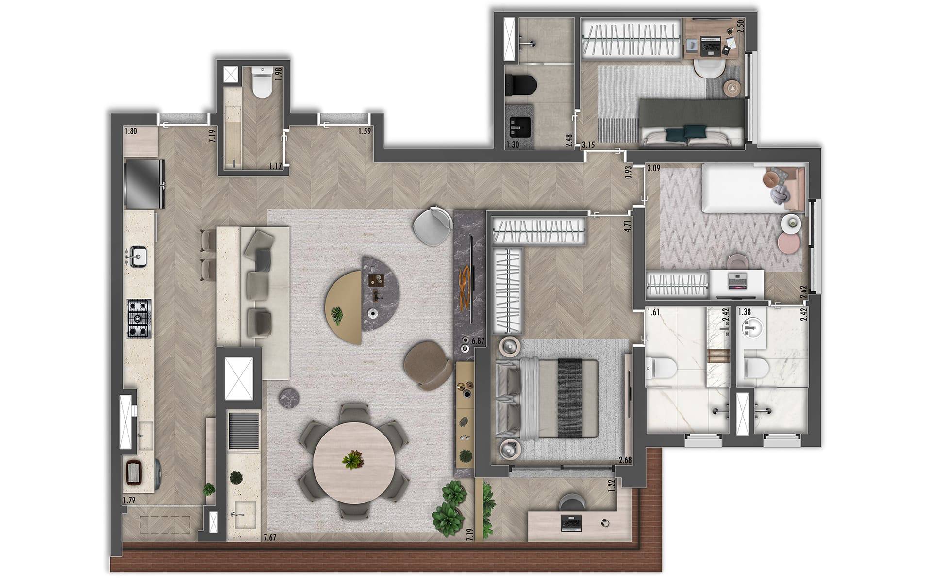Planta opção de 113 m² sala com cozinha integrada