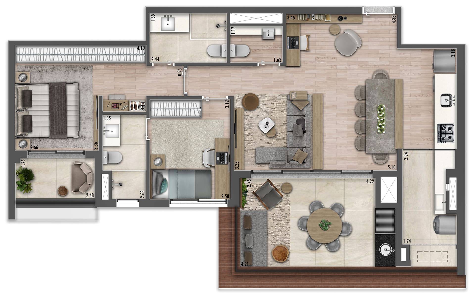 Planta opção de 95 m² sala ampliada com cozinha integrada
