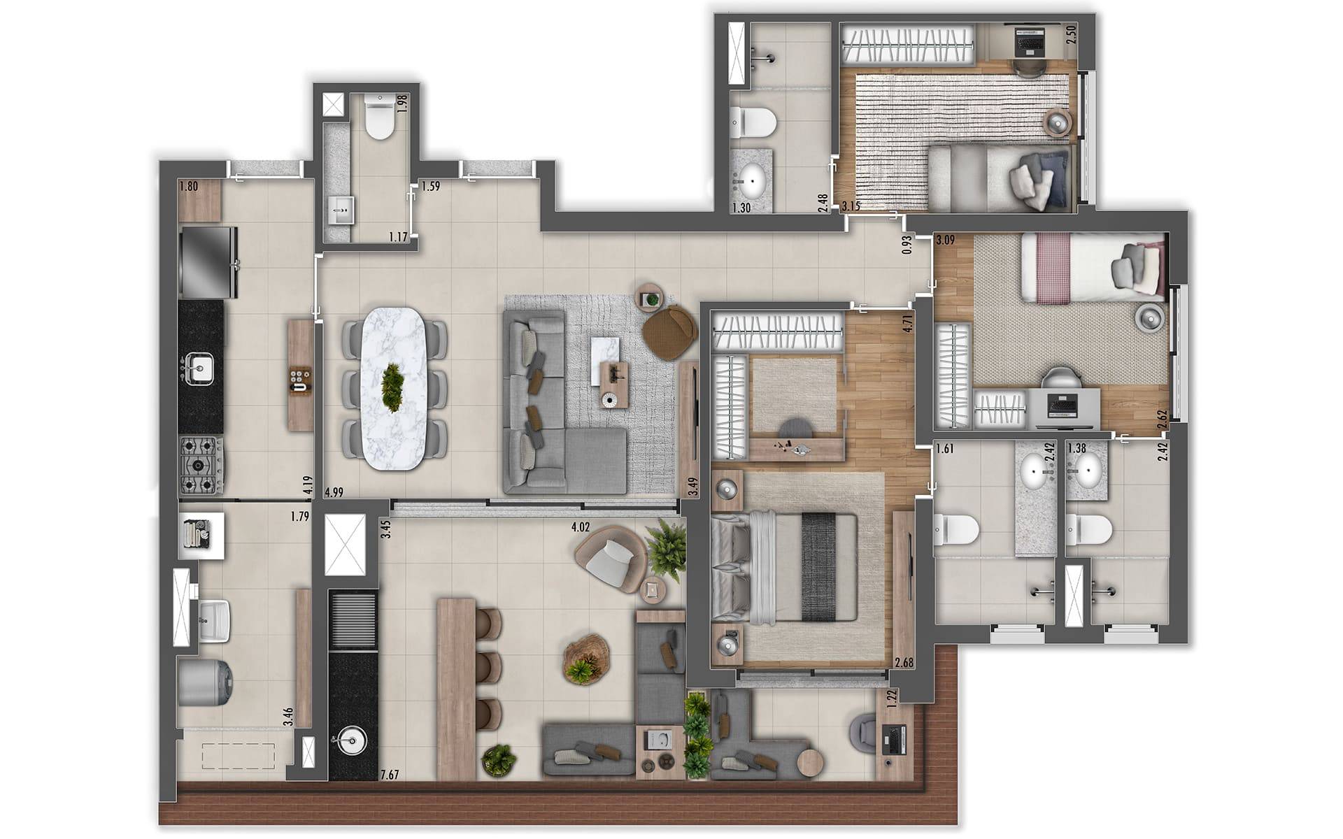 Planta tipo de 113 m² (3 suítes) – 2 vagas