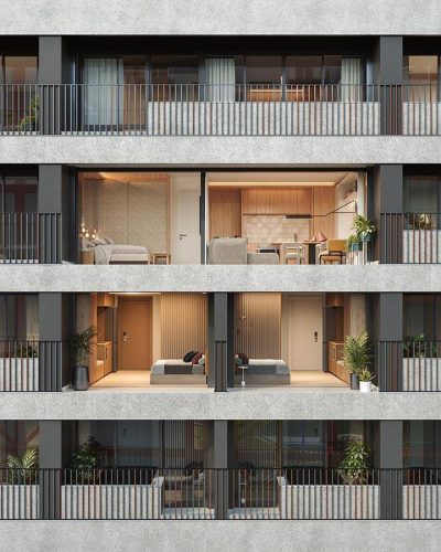 Perspectiva artística do detalhe da fachada – Uapé Boutique Studios