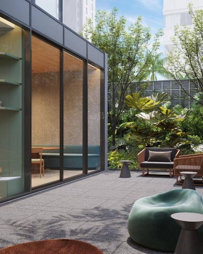 Perspectiva artística do terraço apoio para festas e brinquedoteca – Uapé Residências