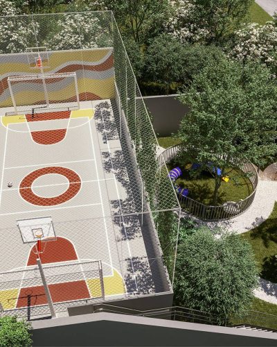 Perspectiva ilustrada - Torre residencial - Lounge externo e Quadra esportiva